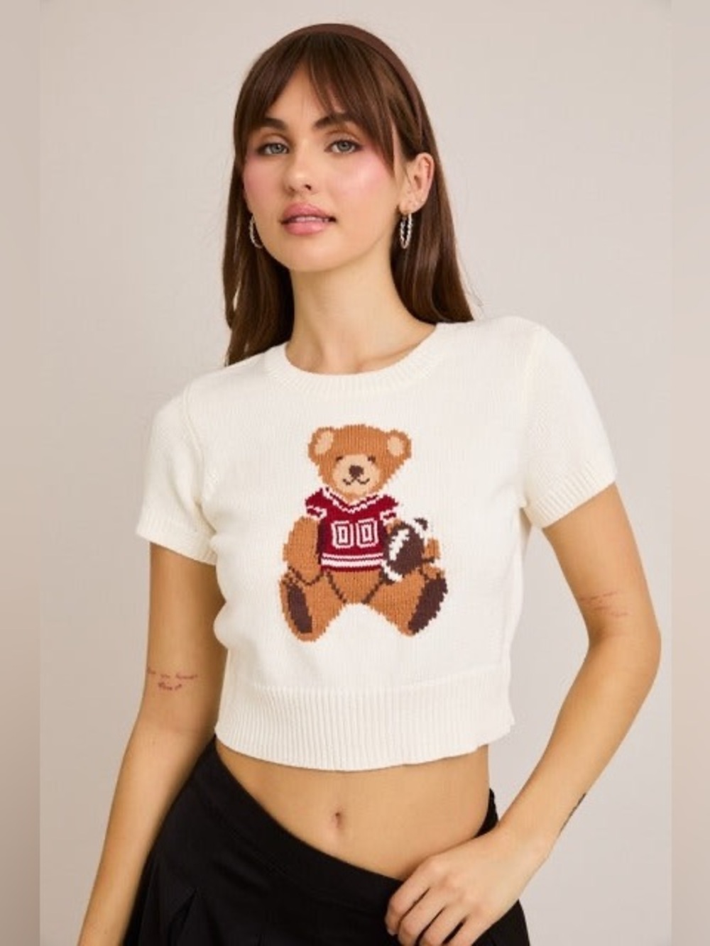Women's Cream Knit Teddy Bear Cropped Tee